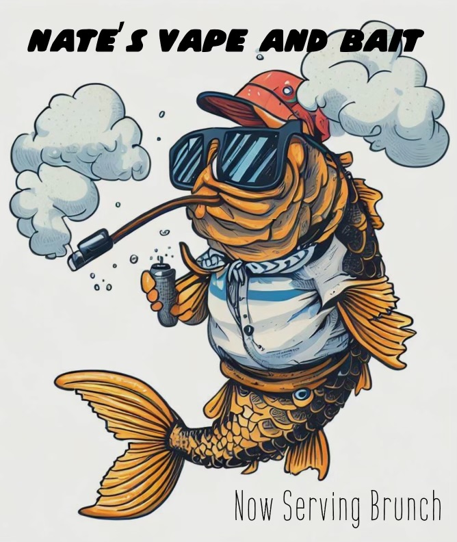 Nate's Vape and Bait logo — a cool fish wearing sunglasses and vaping